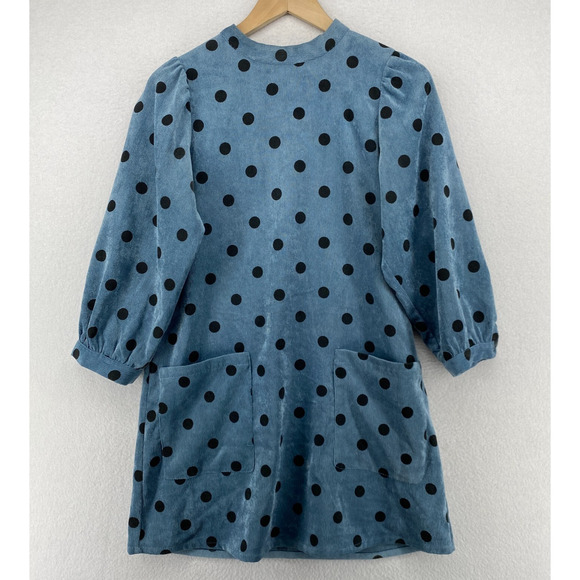 ZARA Dress XS Corduroy Polka Dot Shift Mini Mock Neck Balloon Sleeve Blue - Picture 1 of 12